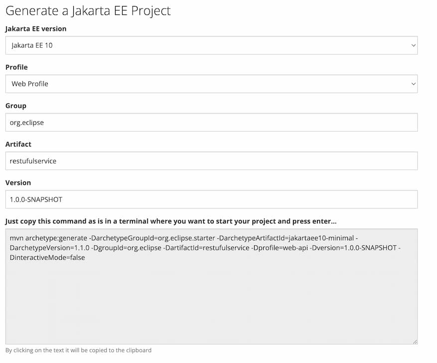 A screenshot of the Generate a Jakarta EE Project form with fields filled out. More details on how to go through the form below.